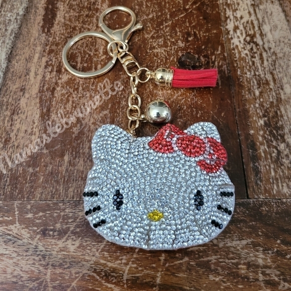 Hello Kitty Red Bow Crystal Rhinestone Keychain Bag Charm With Tan Tassel - Picture 4 of 12